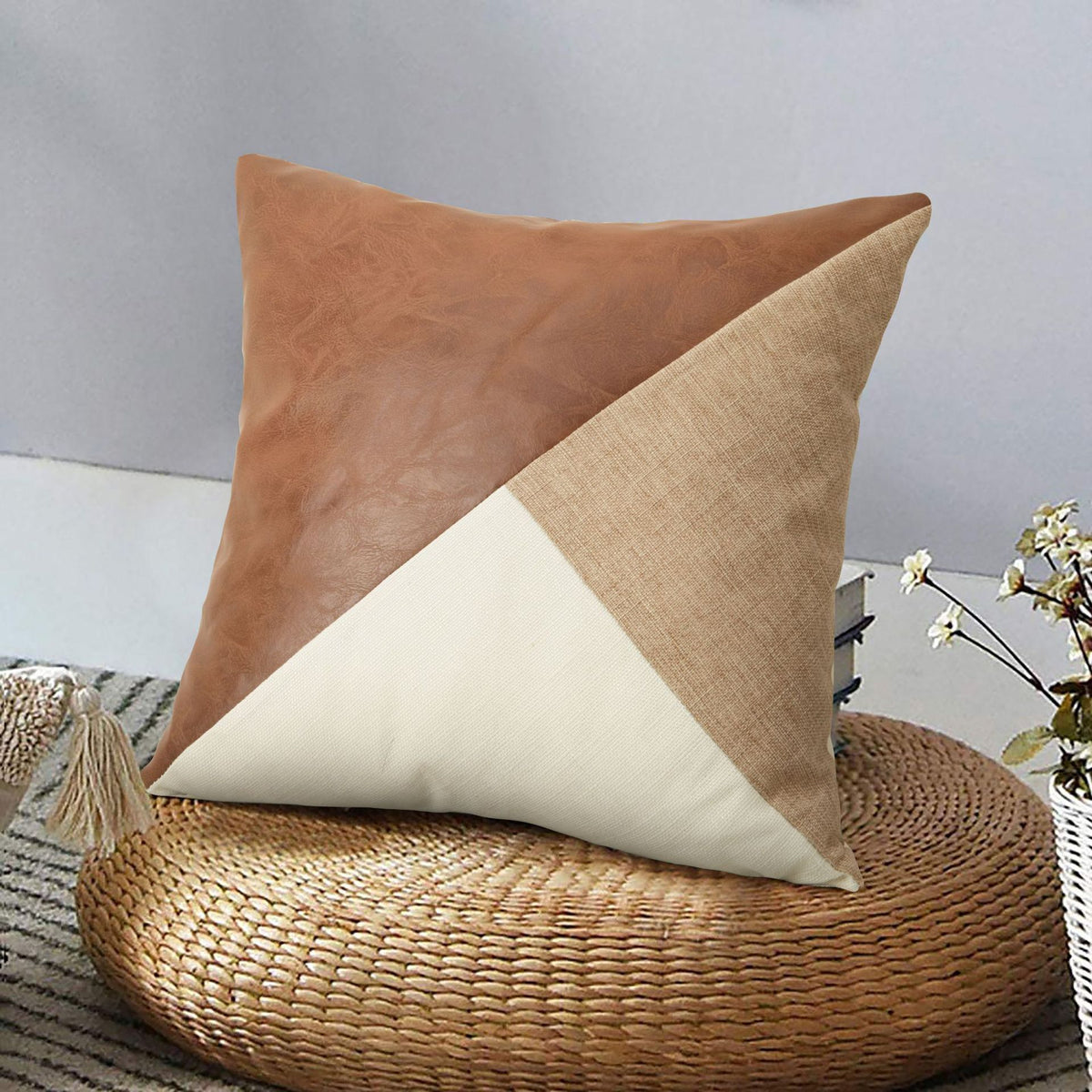 Linen Grey Mixed Leather Splicing Pillow Covers 4Pcs 45x45cm Sofa Car Cushion Shell Halloween Christmas Home Decor Accessory