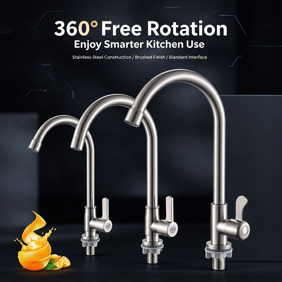 304 Stainless Steel Single Cold Kitchen Faucet Large Bend Without Inlet Pipe Ball Bearing Rotatable Tap for Sink Bathroom Halloween Christmas Home Hardware