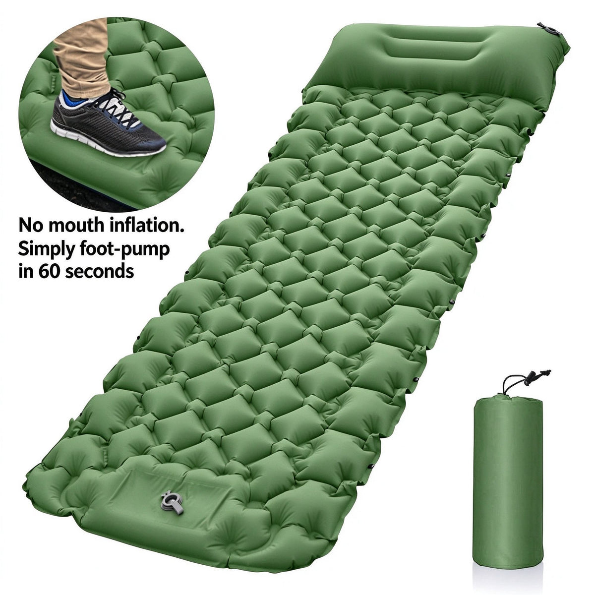 Inflatable Air Mattress Single 190x60x5cm Green Lightweight Portable Camping Air Bed for Outdoor Travel Home Lunch Rest Halloween Christmas Camping Gear