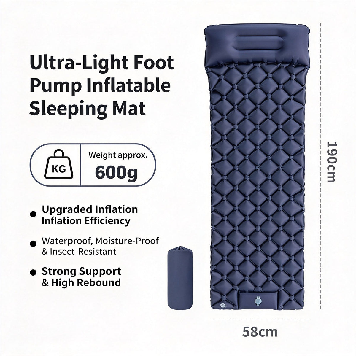 Navy Inflatable Camping Mattress 190x60x5cm Single Size Lightweight Air Bed for Hiking Trip Home Midday Break Christmas Outdoor Supply