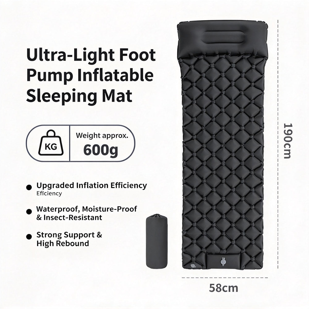 Grey Single Inflatable Air Mattress 190x60x5cm Portable Air Bed for Camping Travel Office Lunch Rest Halloween Holiday Camping Accessory