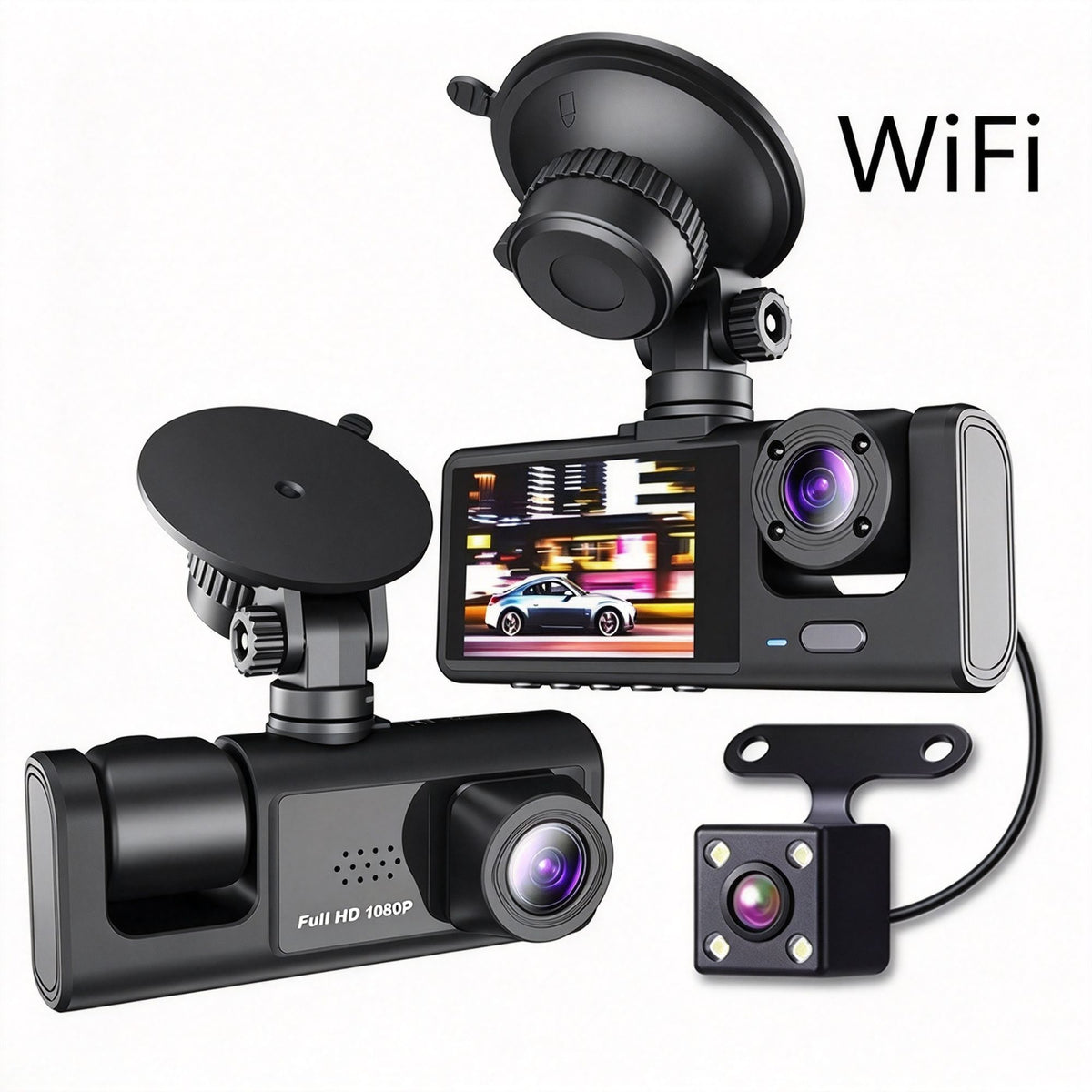 2‑Inch Screen WiFi Triple‑Channel Car Driving Recorder Front Inside Rear Lens 32G Memory Card HD Night Vision Parking Monitoring Mobile Sync, Must‑Have Auto Safety Device, Halloween Christmas Gift Option