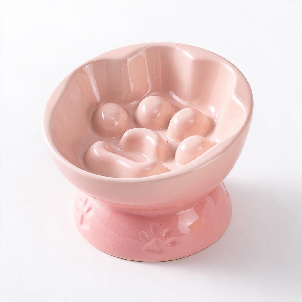 Tilted Ergonomic Ceramic Pet Slow Feeder Bowl Shell Pink 200ml Raised Paw Print Stand for Cats Dogs Halloween Gift