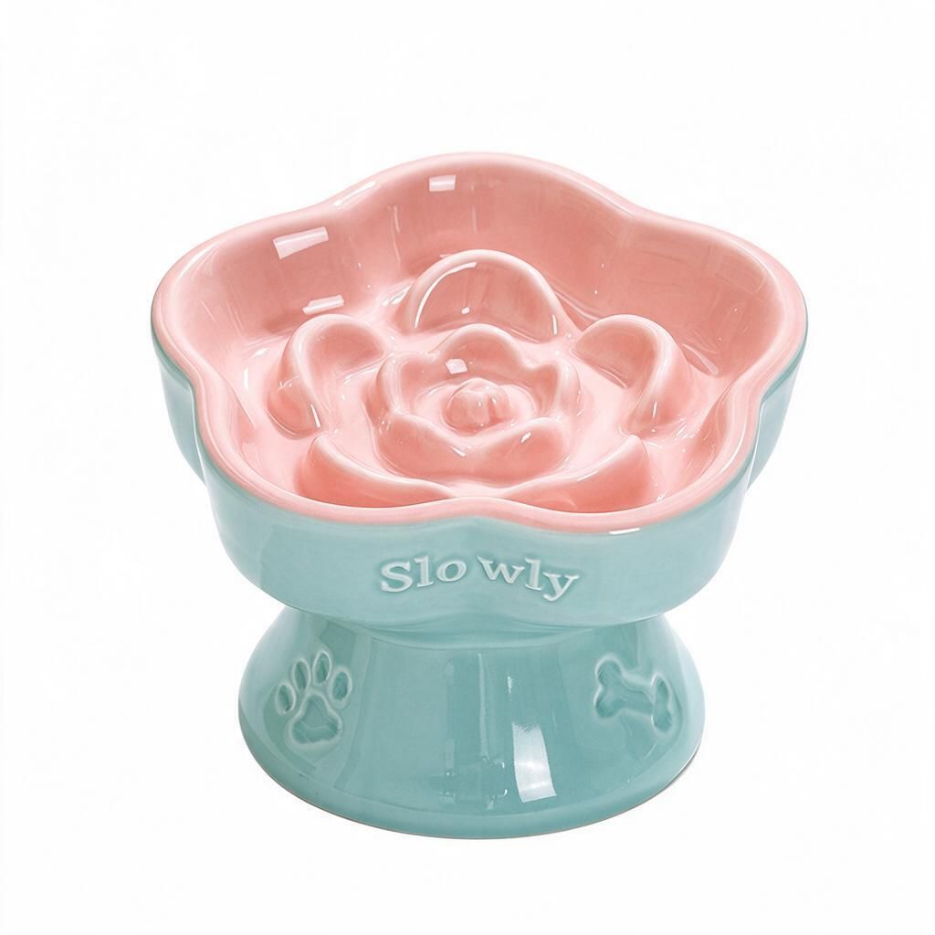 Whisker-Friendly Raised Pet Dish Glacier Blue Lotus Pink Ceramic Slow Feeder Anti-Black Chin 150ml for Cats Small Dogs