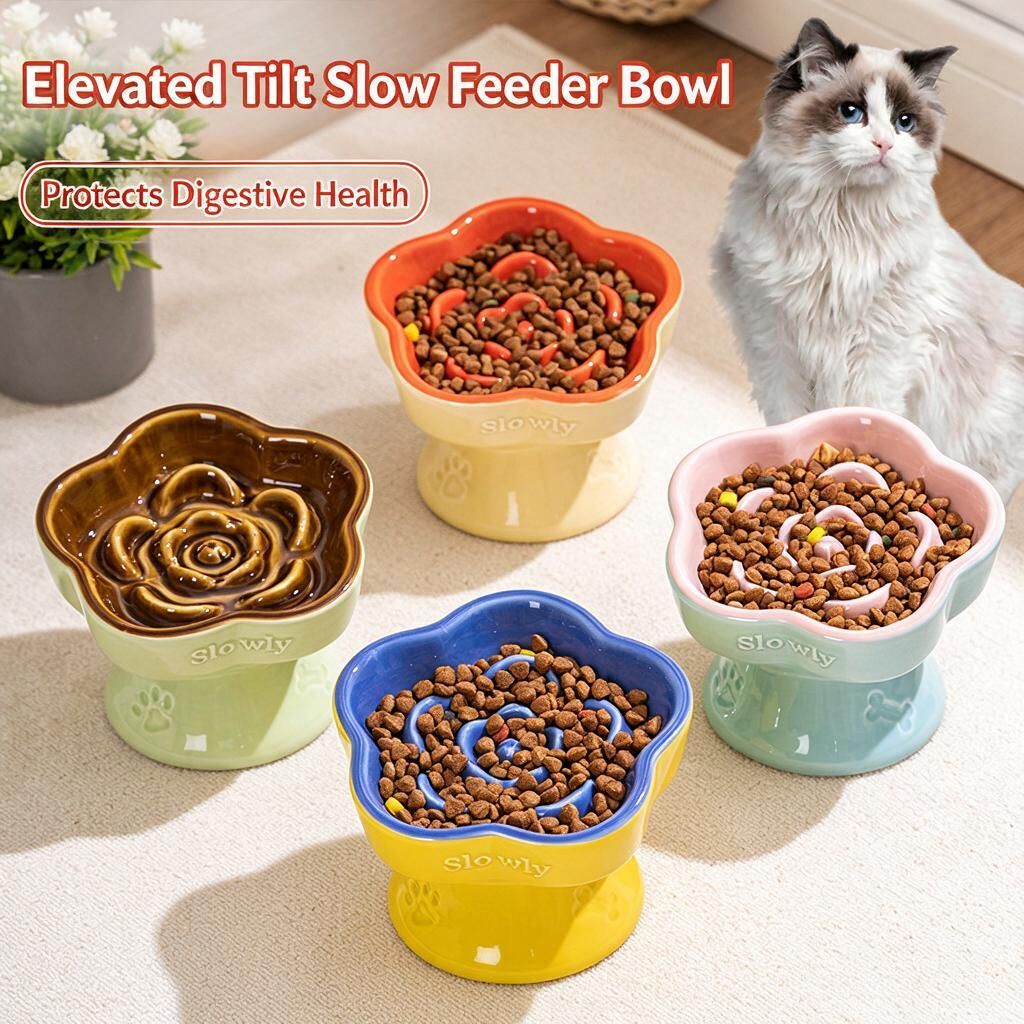 Whisker-Friendly Raised Pet Dish Glacier Blue Lotus Pink Ceramic Slow Feeder Anti-Black Chin 150ml for Cats Small Dogs
