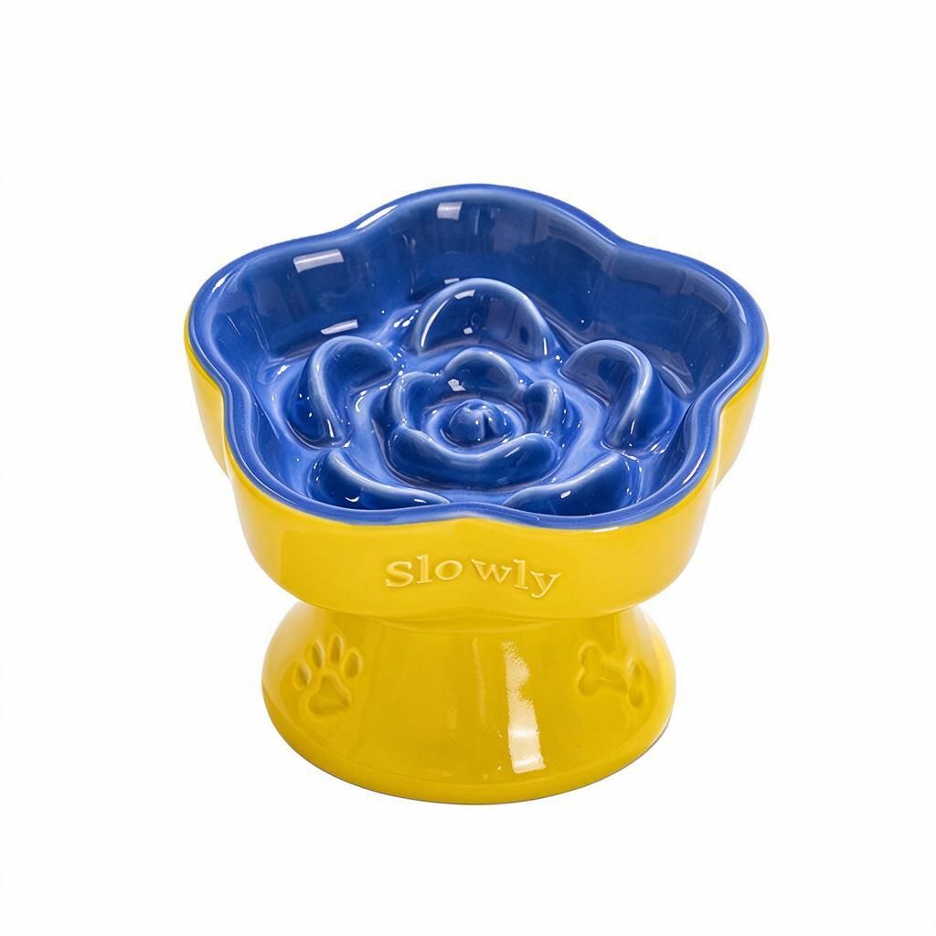 Elevated Puzzle Maze Dog & Cat Bowl 150ml Ceramic Slow Feeder Lemon Yellow & Blue Two-Tone Anti-Gulp 180g Halloween Pet Gift