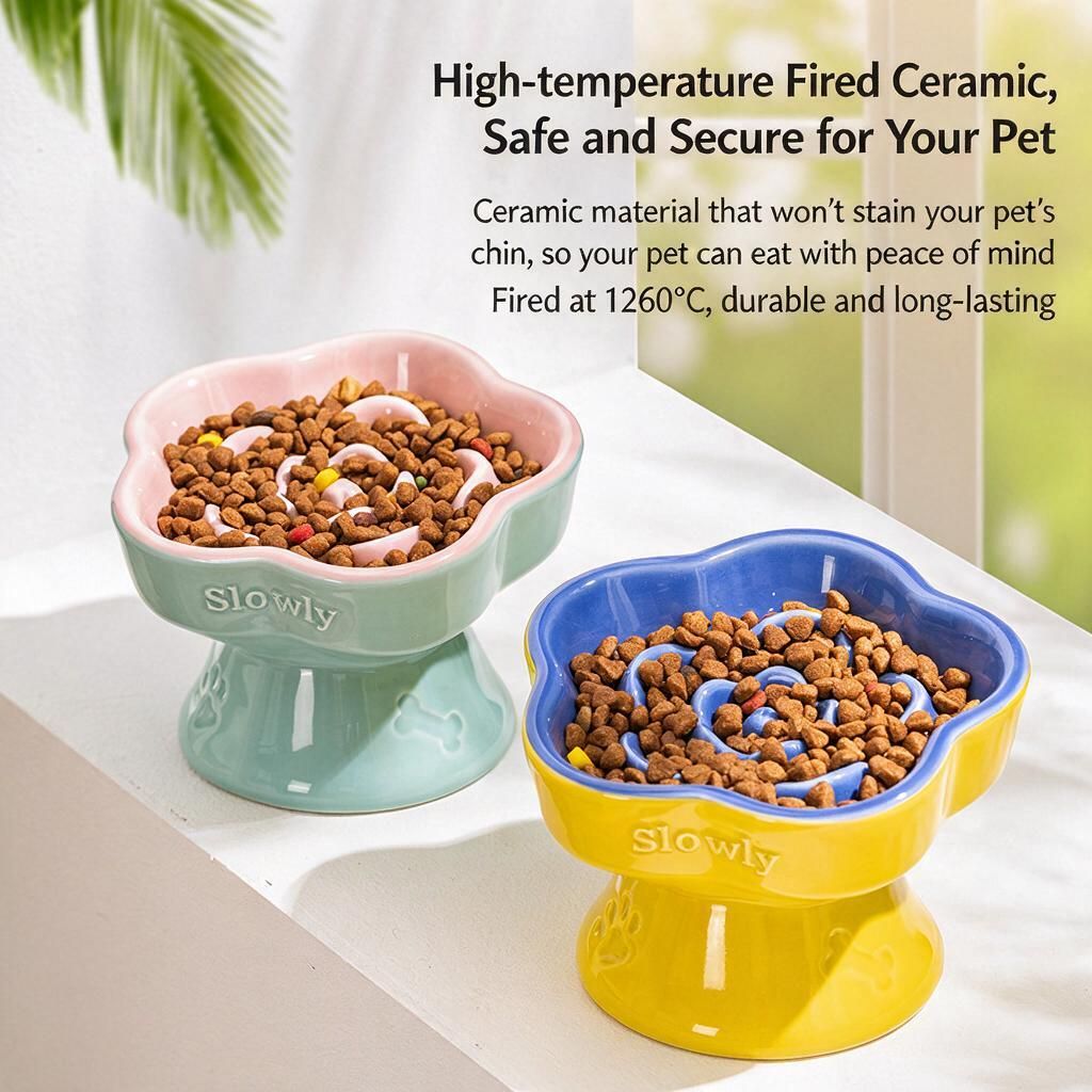 Elevated Puzzle Maze Dog & Cat Bowl 150ml Ceramic Slow Feeder Lemon Yellow & Blue Two-Tone Anti-Gulp 180g Halloween Pet Gift