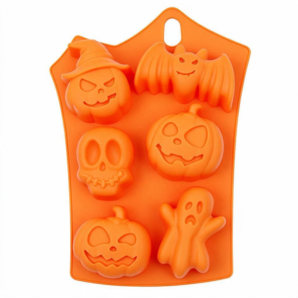 Halloween Silicone Cake Mould Ice Cube Tray 6 Cavity Pumpkin Bat Skull Baking Mold Orange 1pc DIY Party Decor