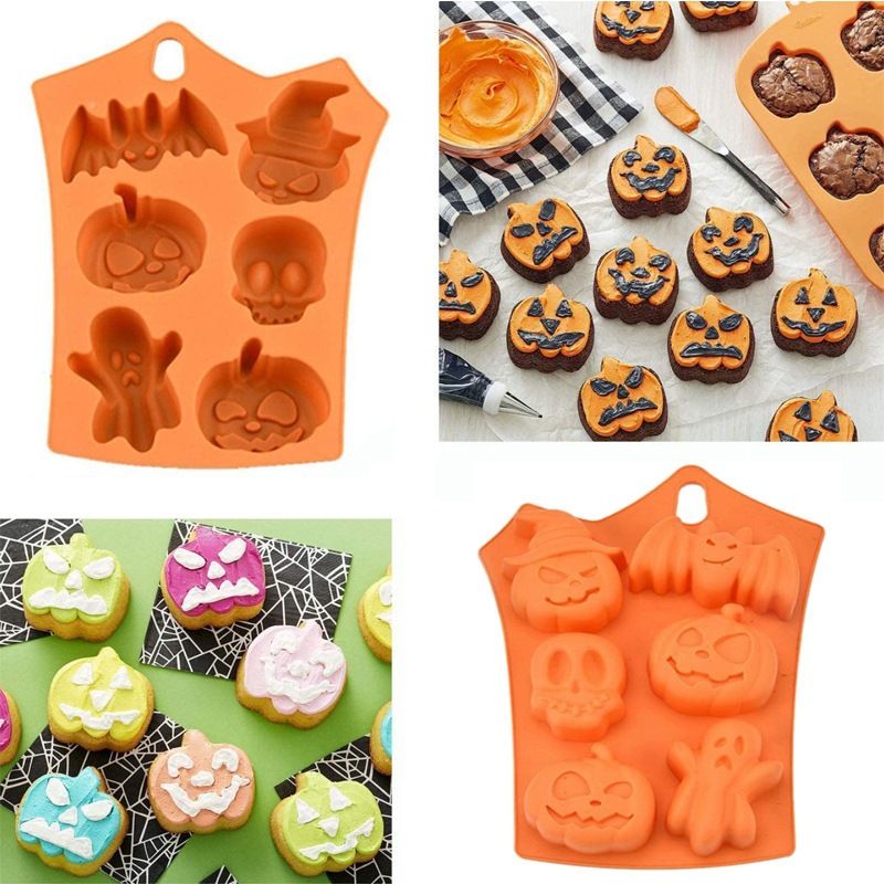 Halloween Silicone Cake Mould Ice Cube Tray 6 Cavity Pumpkin Bat Skull Baking Mold Orange 1pc DIY Party Decor