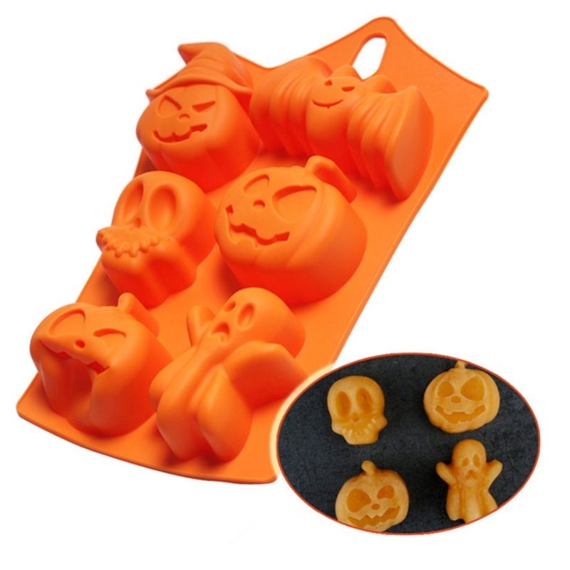 Halloween Silicone Cake Mould Ice Cube Tray 6 Cavity Pumpkin Bat Skull Baking Mold Orange 1pc DIY Party Decor