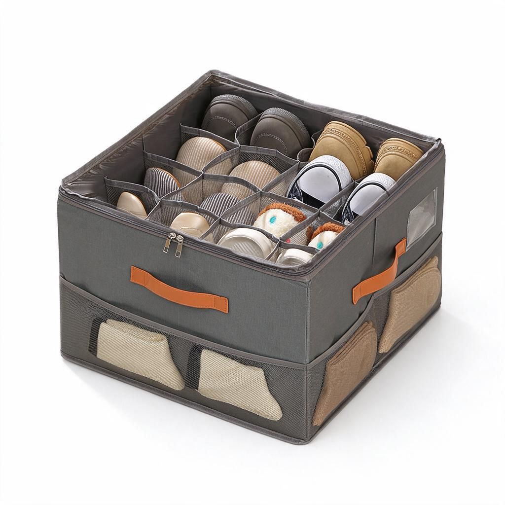 Space-Saving 16-Cell Shoe Cube Grey 43x43x31cm Fabric Organiser with Side Mesh Pockets Dust Moisture Guard 1pc Entryway