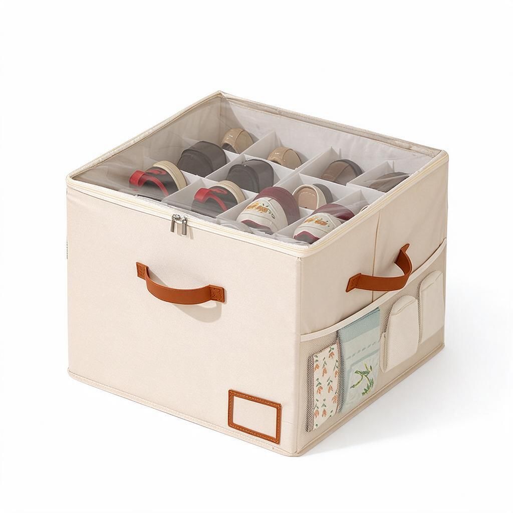 Beige 16-Slot Fabric Shoe Cabinet 43x43x32cm See-Through Zip Cover Portable Handles Pockets Anti-Dust Closet Organiser 1pc