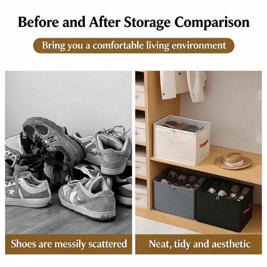 Beige 16-Slot Fabric Shoe Cabinet 43x43x32cm See-Through Zip Cover Portable Handles Pockets Anti-Dust Closet Organiser 1pc