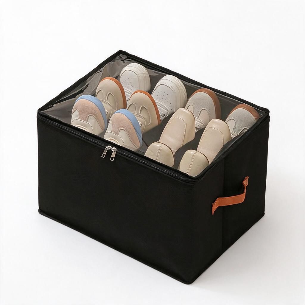 Zip-Top Non-Woven Shoe Organiser Box 43x32cm Black Clear Panel Dividers Orange Carry Handle Moisture-Proof Wardrobe Closet Tidy 1pc