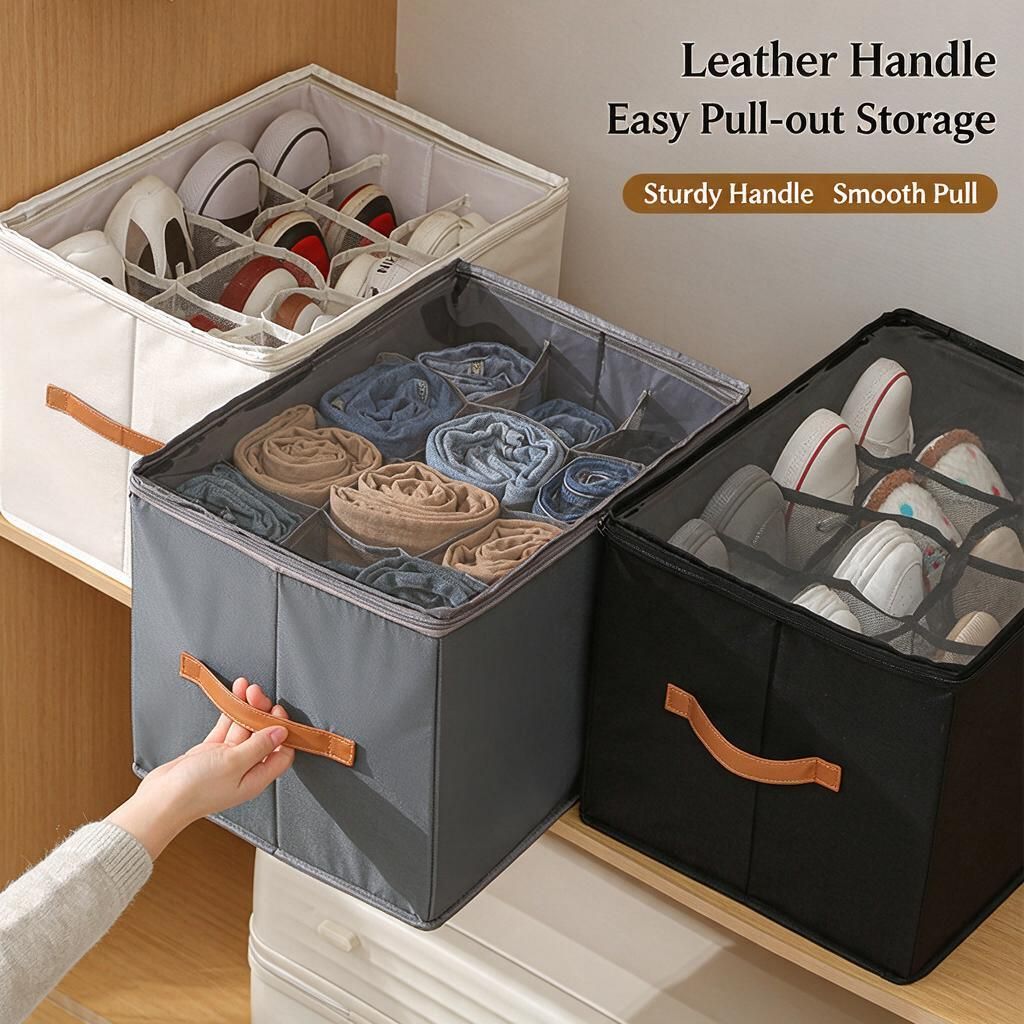 Herringbone Grey 14-Compartment Shoe Storage Bin 42x42x32cm Foldable Washable Fabric Grid Organiser Clear Zip Top 1pc Closet