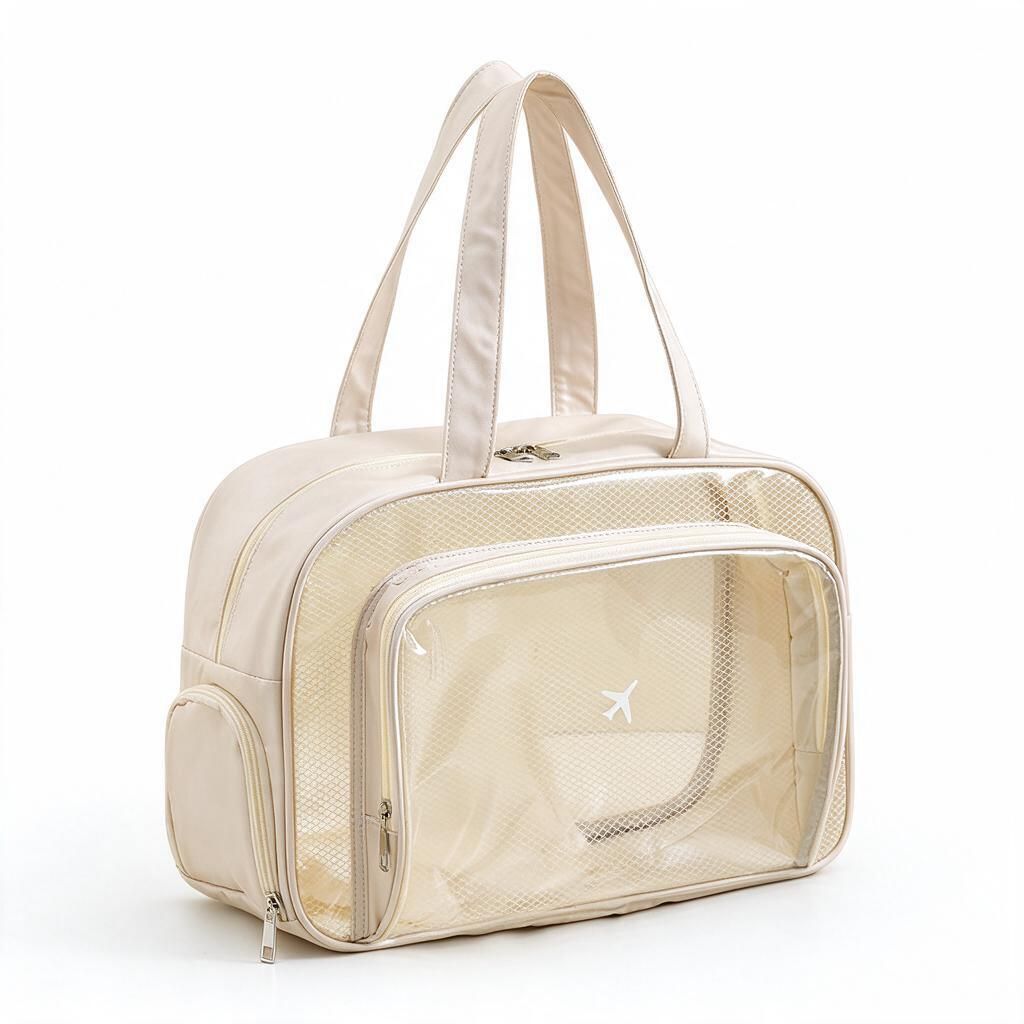Women's Beige Travel Duffel Gym Swim Tote Wet Dry Compartment Shoe Pocket Clear Mesh Front Beach Bag