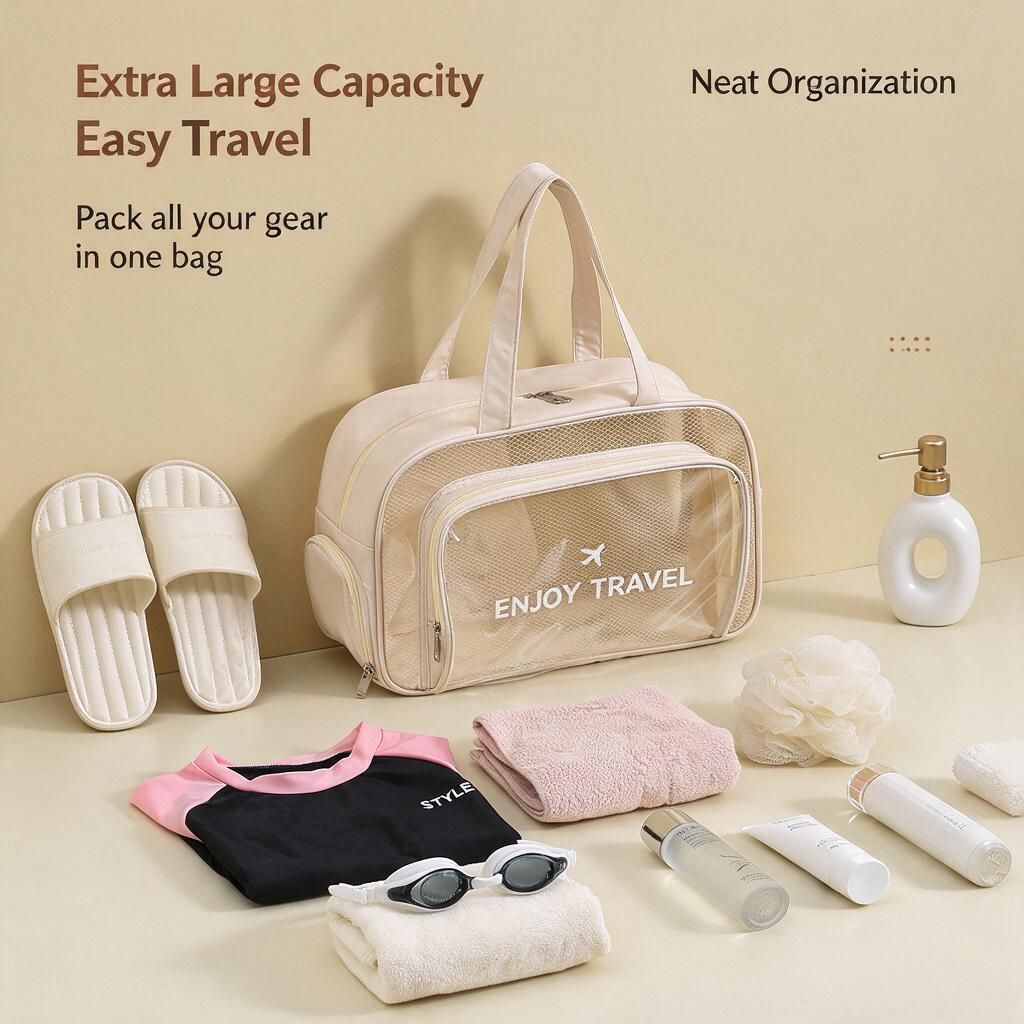 Women's Beige Travel Duffel Gym Swim Tote Wet Dry Compartment Shoe Pocket Clear Mesh Front Beach Bag