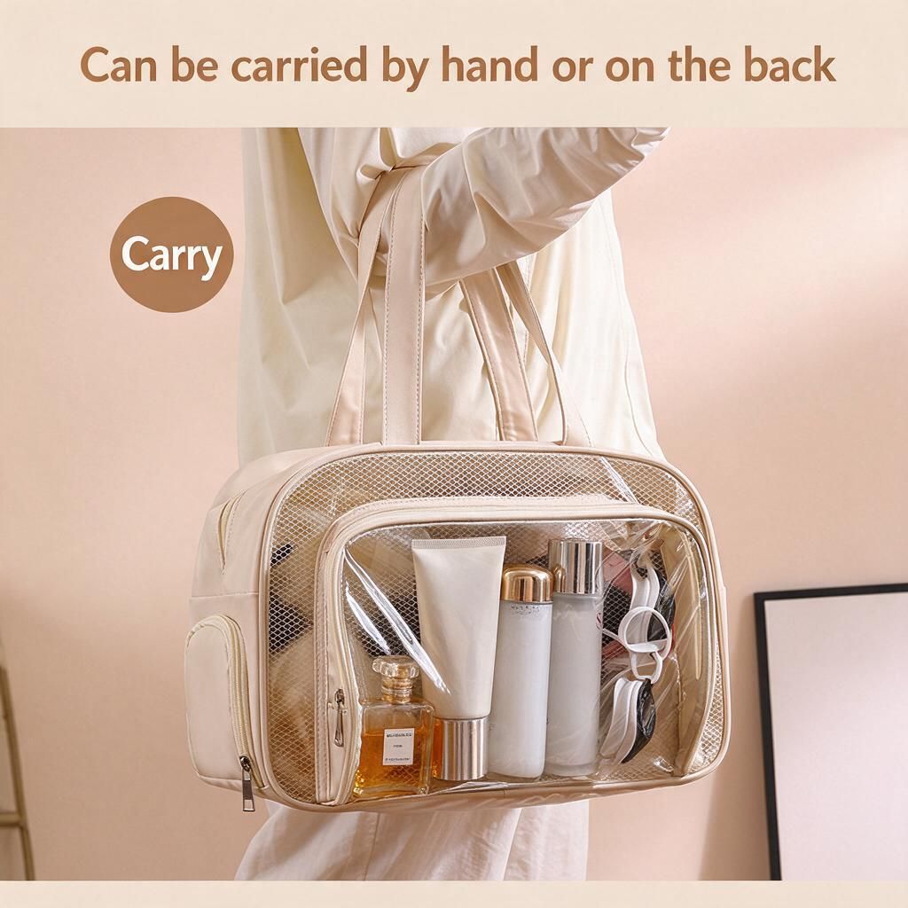 Women's Beige Travel Duffel Gym Swim Tote Wet Dry Compartment Shoe Pocket Clear Mesh Front Beach Bag