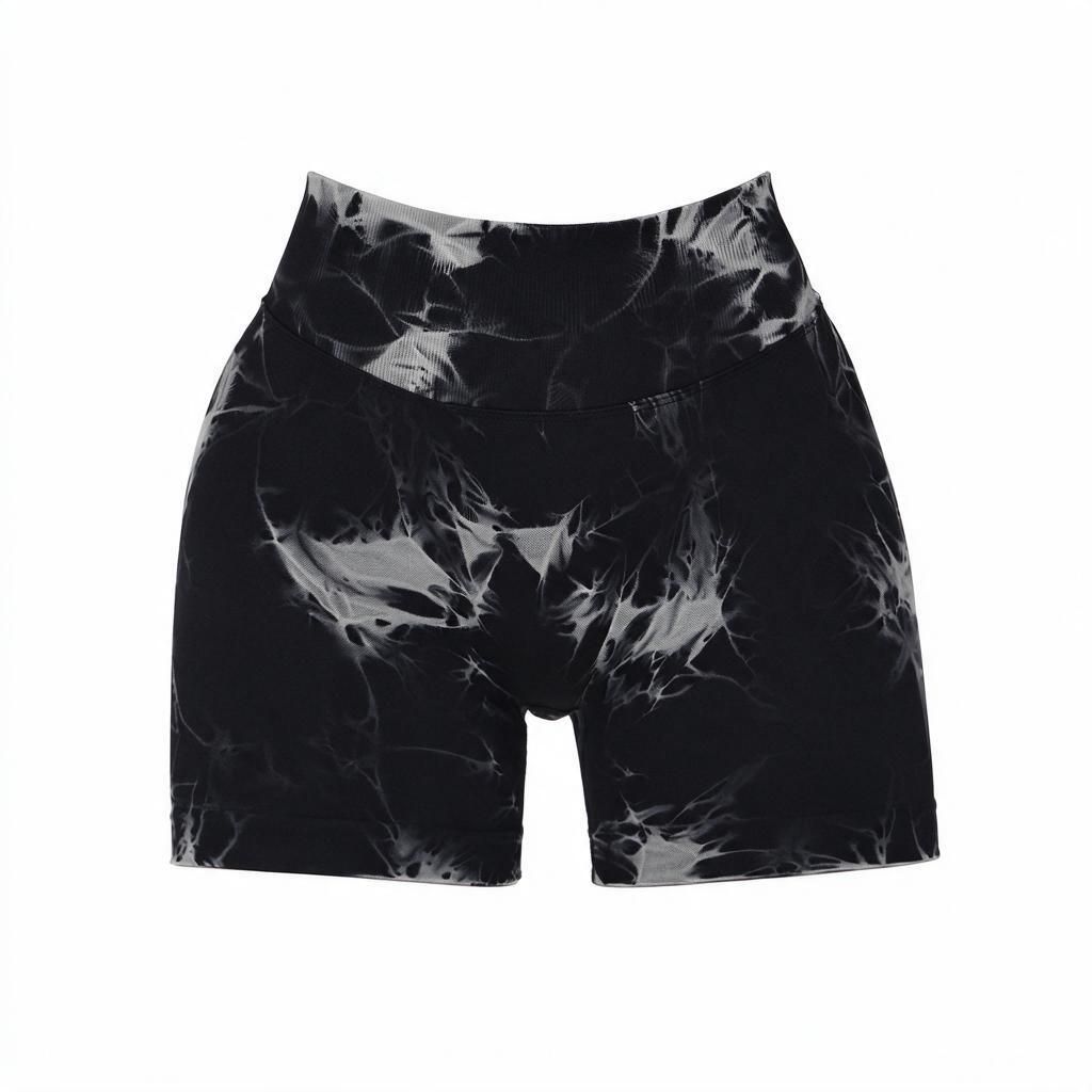Black White Tie-Dye Printed High Waist Yoga Shorts L Women's Seamless Hip-Lift Compression Bottoms Gym Pilates Halloween
