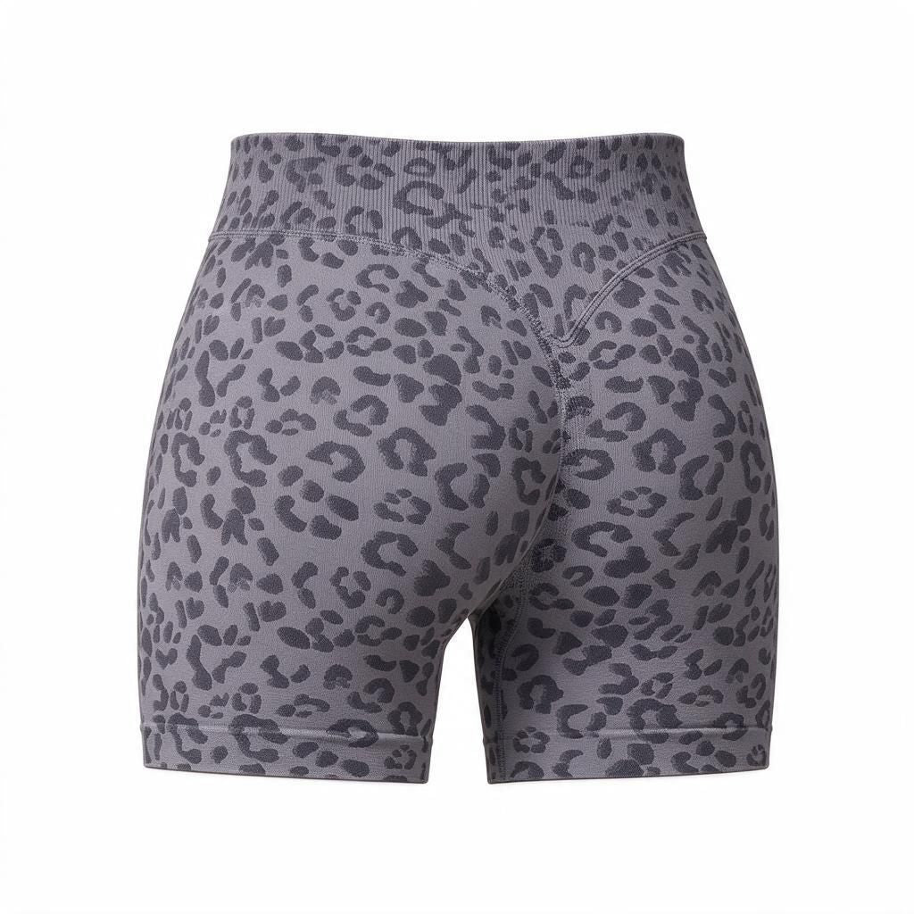L Grey Black Leopard Print Compression Shorts — Women's Seamless High-Rise Yoga Bottoms Butt-Lift Sculpt Knit for Halloween Gym & Studio Pilates
