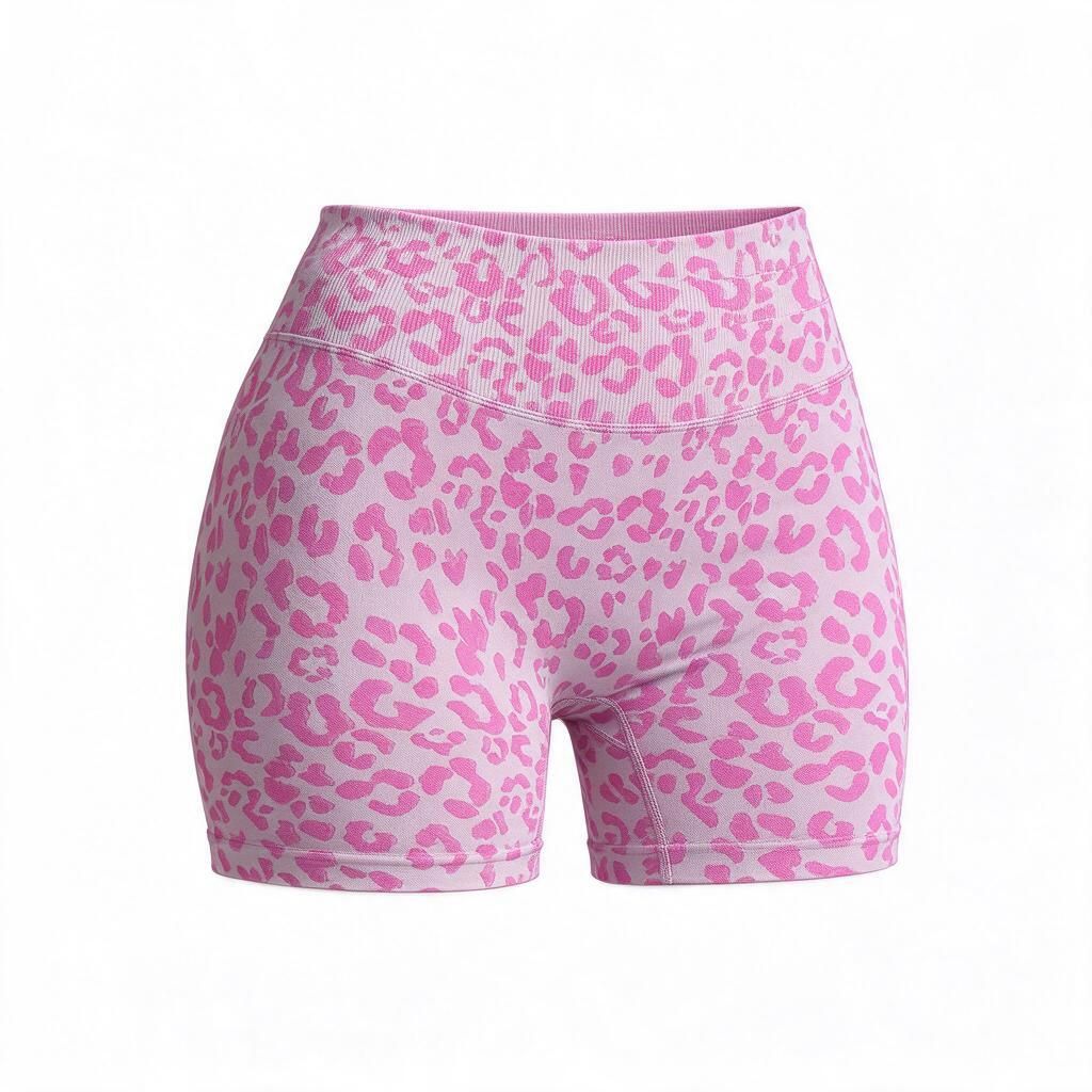 Women's 3D Rose Pink Leopard High-Waist Yoga Shorts L Compression Hip-Lift Pilates & Halloween Gym Ready