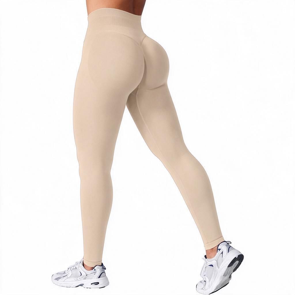 Khaki XL Full-Length Yoga Leggings for Women, Ribbed Waist Tummy-Hold Seamless Knit with Contoured Glute Panels, Halloween Workout
