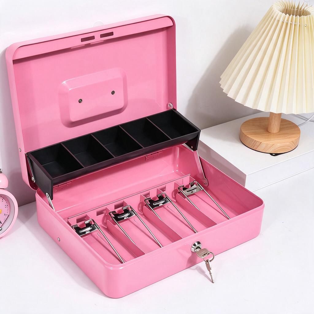 Pink Metal Cash Box with 5-Compartment Coin Tray 30x24x9cm Lockable Petty Cash Tin 2 Keys Included Retail Till Organiser Halloween Gift 1pc