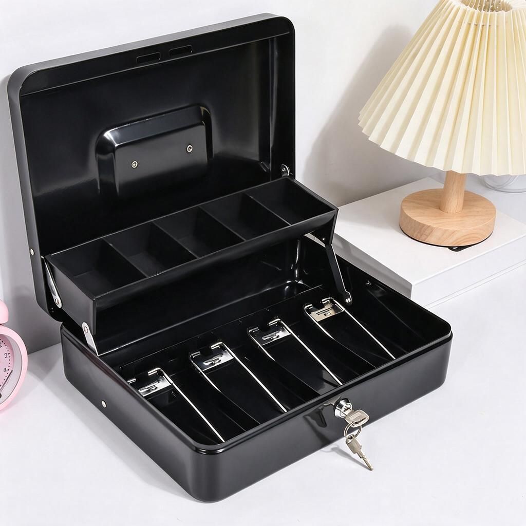 Black Locking Money Box 30x24x9cm Detachable 5-Compartment Coin Tray 2 Keys Market Stall Cash Drawer Insert Halloween 1pc