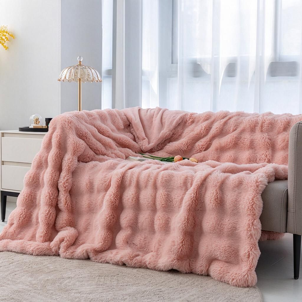 Halloween Ready Oversized 180x200cm Blanket in Blush Cherry Pink - Bunny Fur Front, Coral Fleece Back, Warm Lounging Wrap