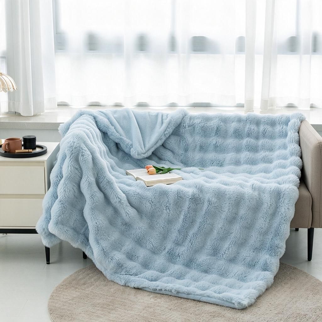 Waffle Tufted Bunny Fur Throw Blanket Ice Blue 200x230cm - Flannel Reverse Plush Bedspread, Soft King Bed & Sofa Cover