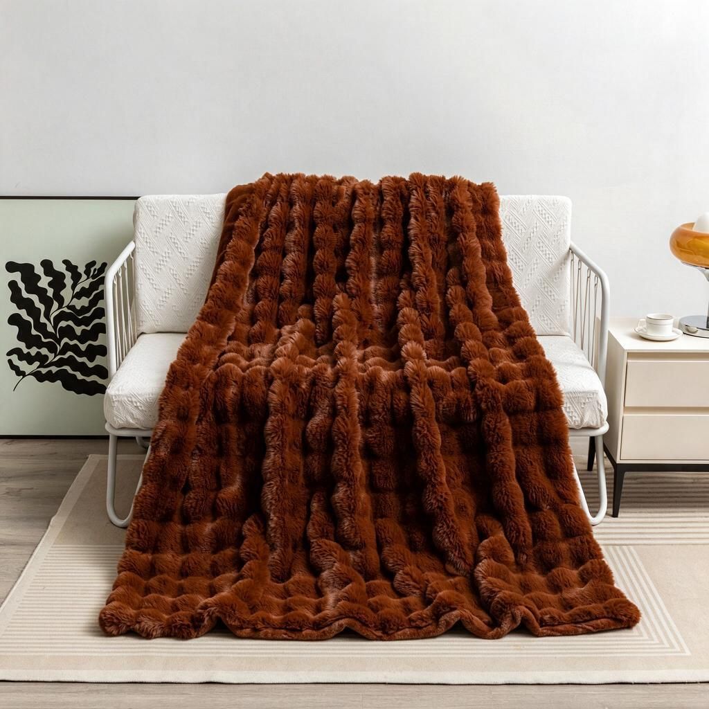 Cosy Cocoa Brown 160x200cm Reversible Throw Blanket - Wavy Tufted Bunny Fur Face with Fleece Underside for Living Room & Bedroom Warmth