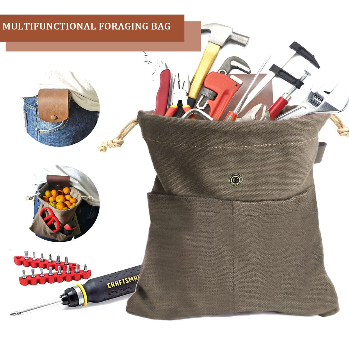 Foraging Pouch, Brown New Waterproof Version with 2 Small Pockets