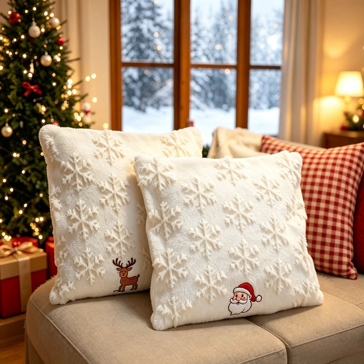 Set of 2 Christmas Cushion Covers - Reindeer (Pillow filling not included)