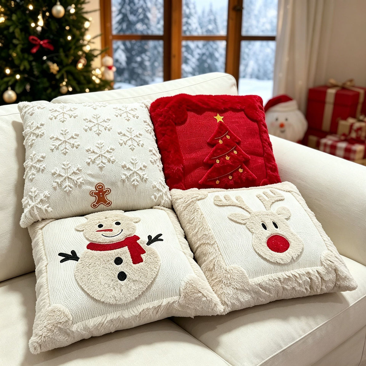 Set of 2 Christmas Cushion Covers - Snowflake & Santa Embroidery (Pillow filling not included)
