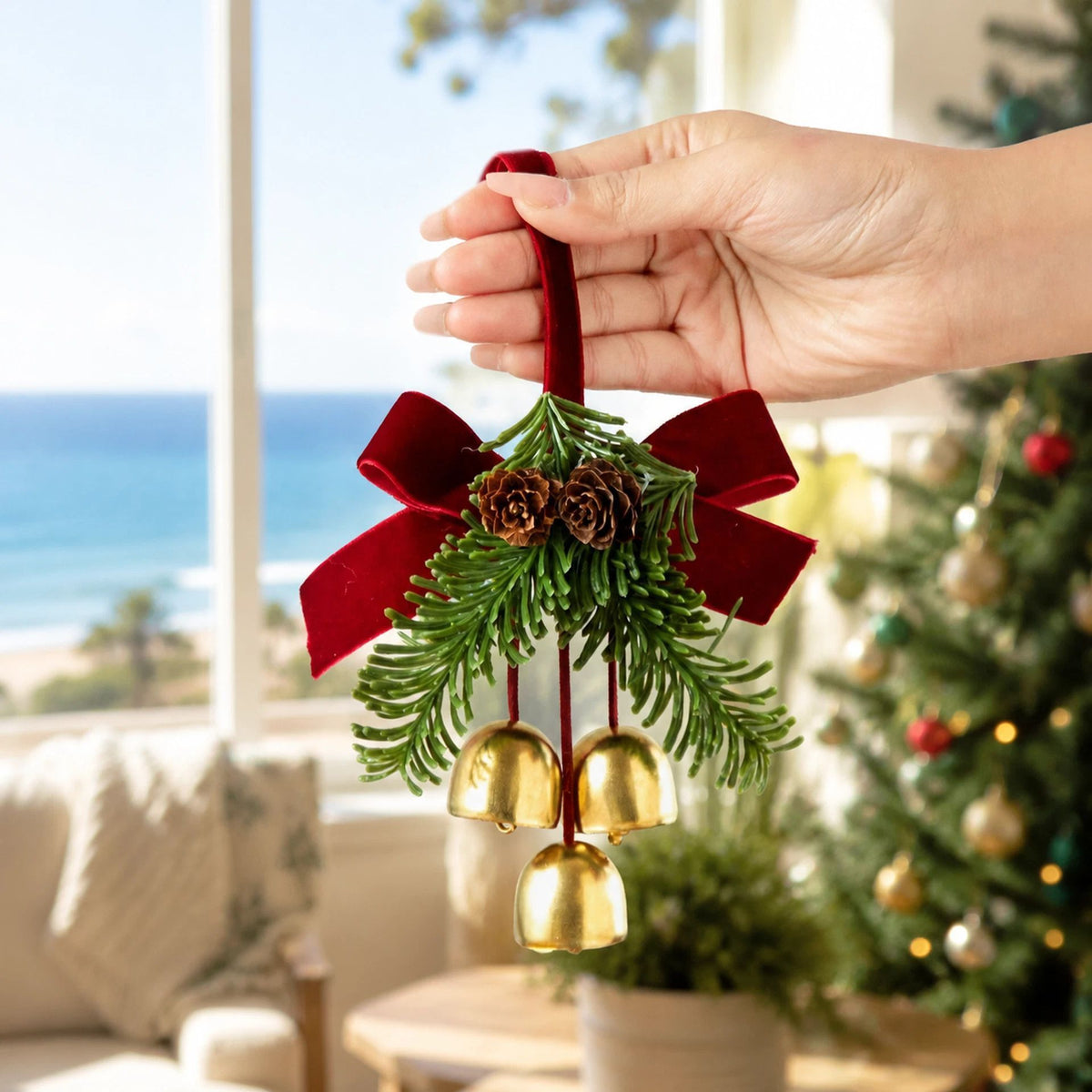 2 Pack D5 Christmas Pinecone Triple Bells Red