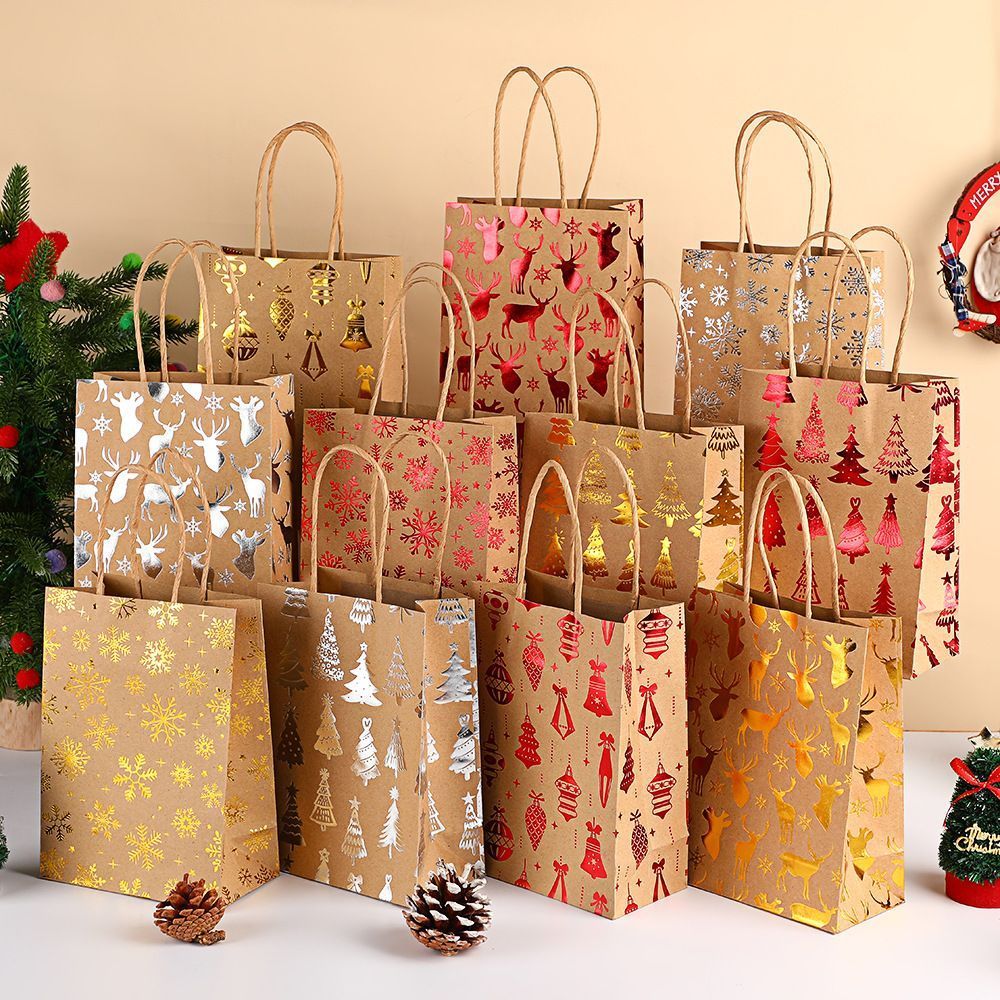 20Pcs Christmas Kraft Gift Bags, Red Gold Hot Stamping Christmas Tree, 15×8×21cm