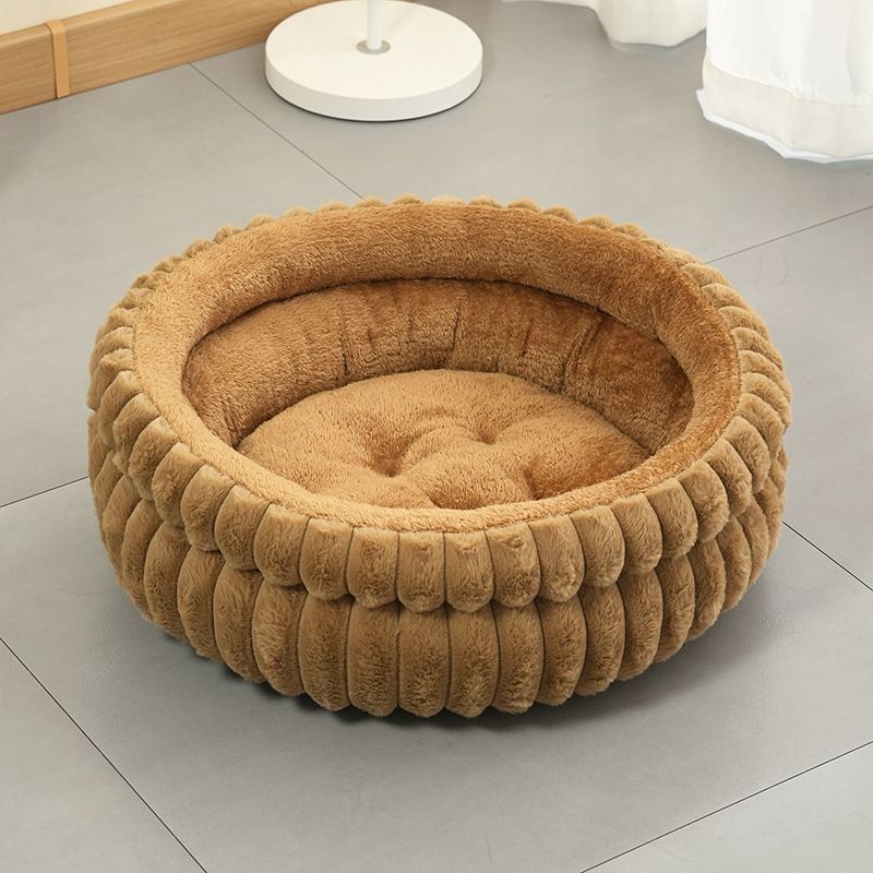 Plush Round Bed - Coffee, Size L: 60×60×15cm