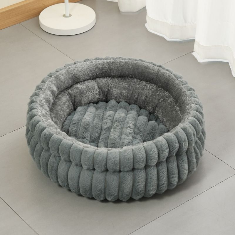 Plush Round Bed - Coffee, Size L: 60×60×15cm