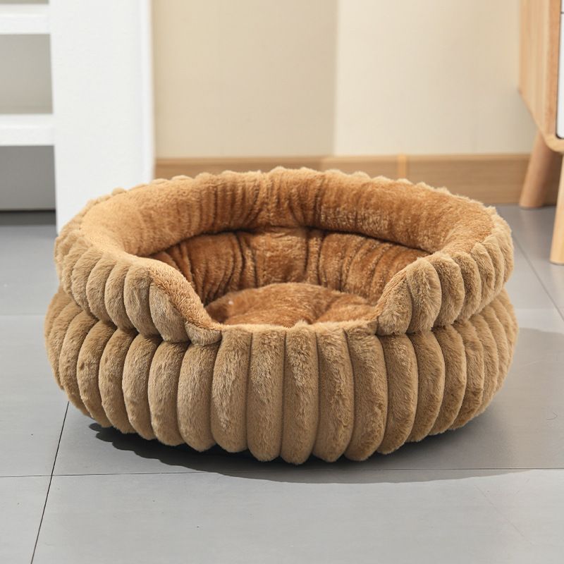 Plush Round Bed - Coffee, Size L: 60×60×15cm