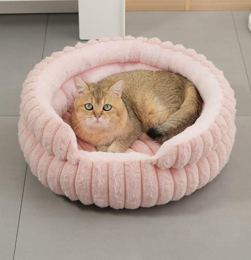 Plush Round Bed - Coffee, Size L: 60×60×15cm