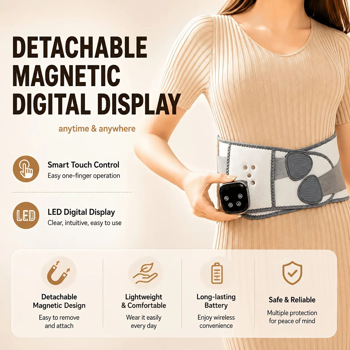 Smart Heated Massage Waist Belt: Dual Motor 9-Level Vibration + 5-Level Heat Therapy, Detachable Digital Display, Dual Compression Strap Support, Say Goodbye to Back Pain!(white)