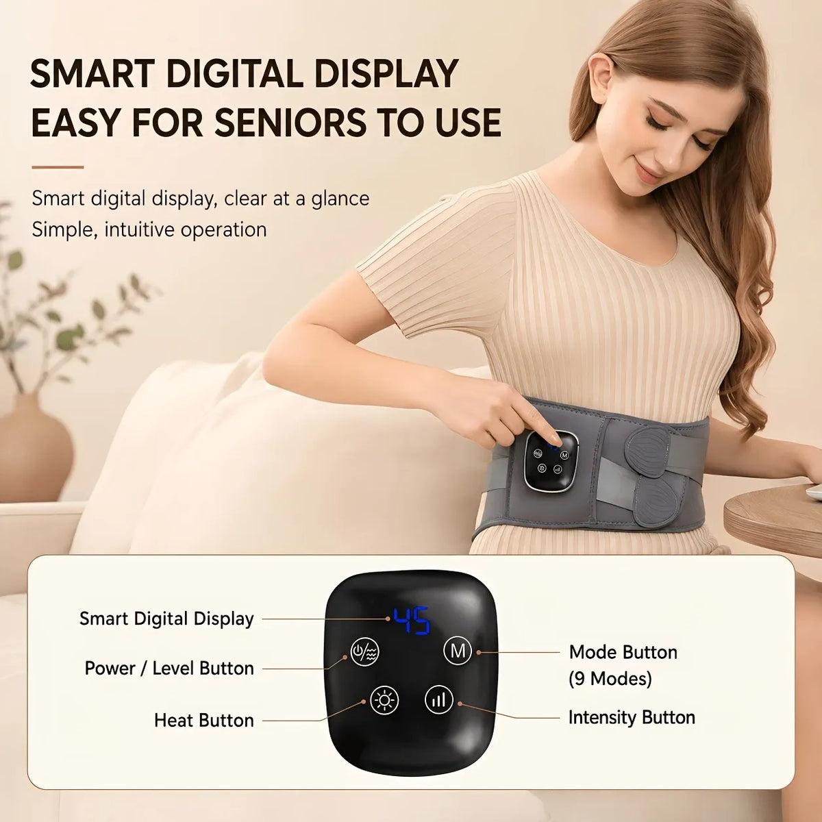 Smart Heated Massage Waist Belt: Dual Motor 9-Level Vibration + 5-Level Heat Therapy, Detachable Digital Display, Dual Compression Strap Support, Say Goodbye to Back Pain!(white)