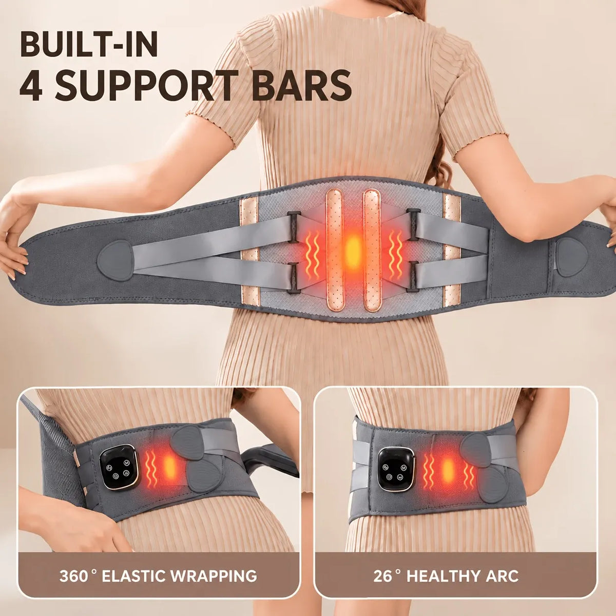 Smart Heated Massage Waist Belt: Dual Motor 9-Level Vibration + 5-Level Heat Therapy, Detachable Digital Display, Dual Compression Strap Support, Say Goodbye to Back Pain!(white)