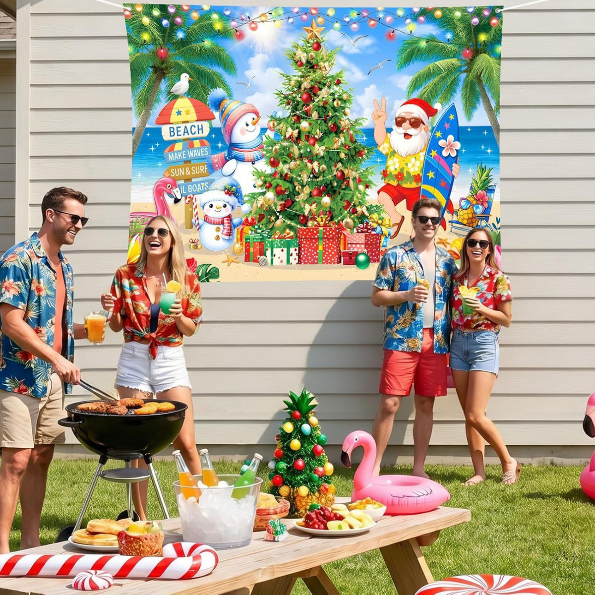 Polyester Christmas Beach Santa Backdrop Banner: Surfing Santa Hand-Painted Tapestry, 7×5 FT Large Size, Pre-Punched Holes for Easy Hanging, Tropical Christmas Photo Prop for Summer Parties