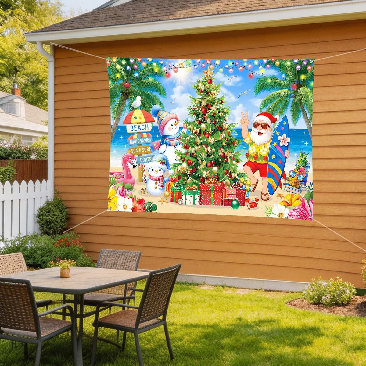 Polyester Christmas Beach Santa Backdrop Banner: Surfing Santa Hand-Painted Tapestry, 7×5 FT Large Size, Pre-Punched Holes for Easy Hanging, Tropical Christmas Photo Prop for Summer Parties
