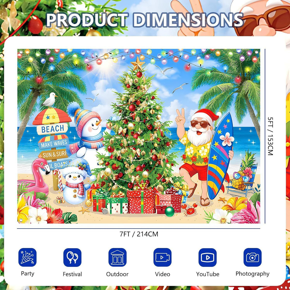 Polyester Christmas Beach Santa Backdrop Banner: Surfing Santa Hand-Painted Tapestry, 7×5 FT Large Size, Pre-Punched Holes for Easy Hanging, Tropical Christmas Photo Prop for Summer Parties