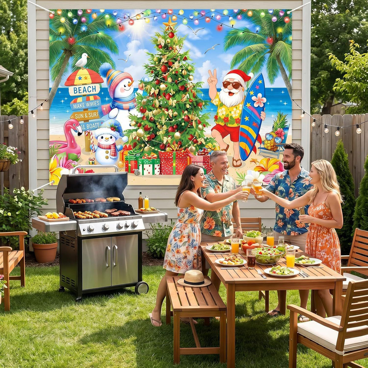 Polyester Christmas Beach Santa Backdrop Banner: Surfing Santa Hand-Painted Tapestry, 7×5 FT Large Size, Pre-Punched Holes for Easy Hanging, Tropical Christmas Photo Prop for Summer Parties