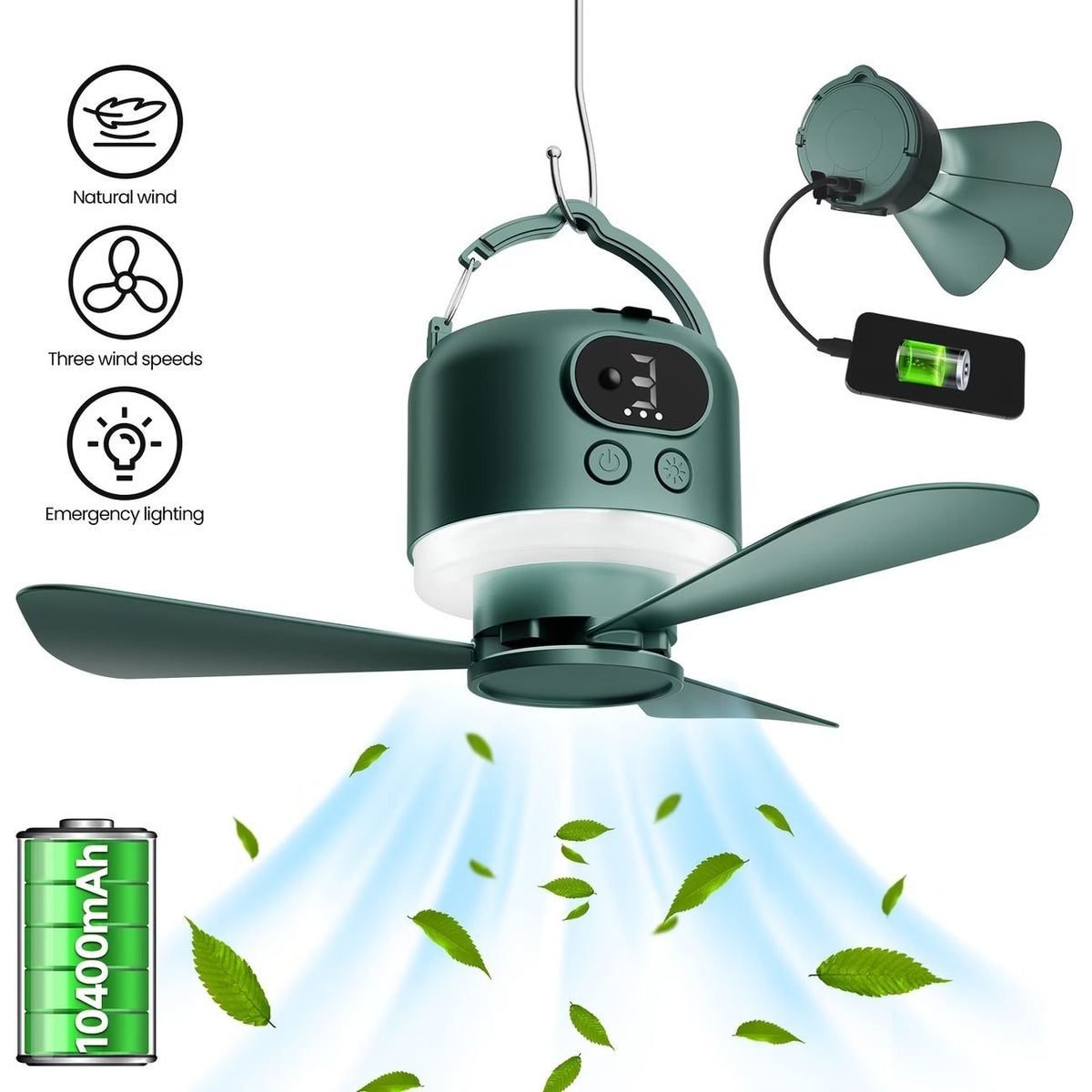 Tent Mini Ceiling Fan S50 Fan Light: 10400mAh Battery, 3-in-1 Fan/Light/Power Bank, Remote Timer, Camping Essential.*Dark green