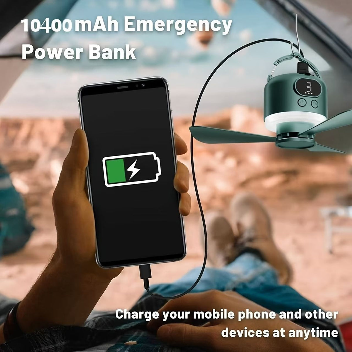 Tent Mini Ceiling Fan S50 Fan Light: 10400mAh Battery, 3-in-1 Fan/Light/Power Bank, Remote Timer, Camping Essential.*Dark green