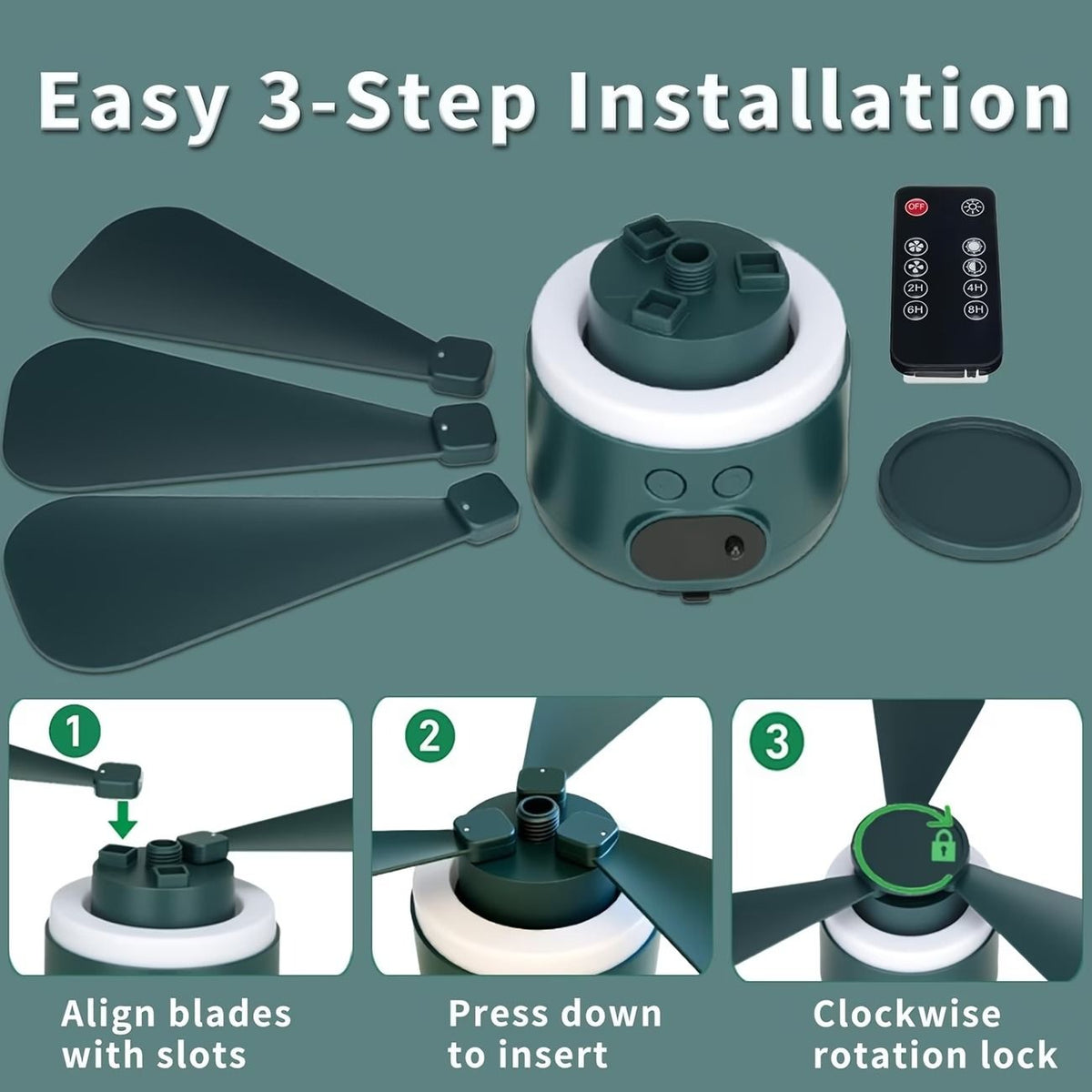 Tent Mini Ceiling Fan S50 Fan Light: 10400mAh Battery, 3-in-1 Fan/Light/Power Bank, Remote Timer, Camping Essential.*Dark green